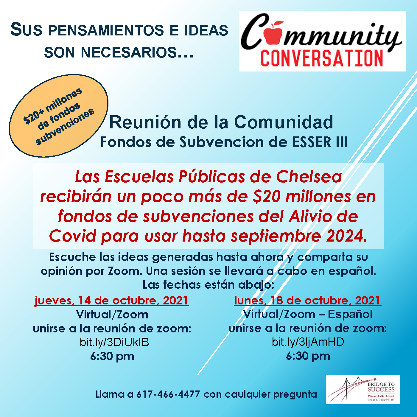 Flyer in Spanish describing the ESSER III Community Meeting hosted by Chelsea Public Schools.